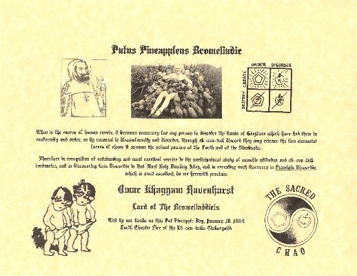 Patus Pineappleus Bromeliadic given to Omar Khayyam Ravenhurst (Kerry Thornley) in 1994 (used by permission of KerryThornley.com)